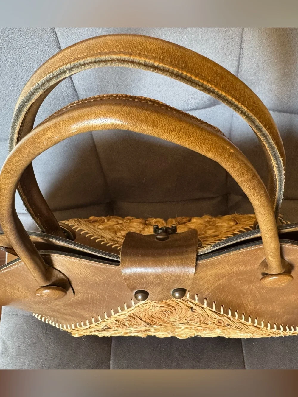 Vintage Rare Mahler California Brown Leather Wood Floral Handbag